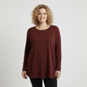 Susan Graver Long Sleeve Tunic Top Crew Neck Rust Red-Brown L Minimalist‎ Casual
